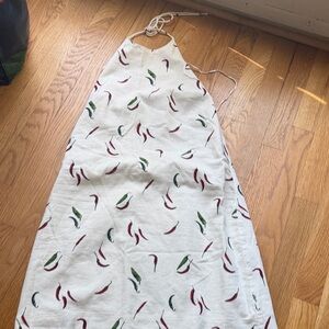 White Linen-Look Halter dress with Red & Green Chili Print